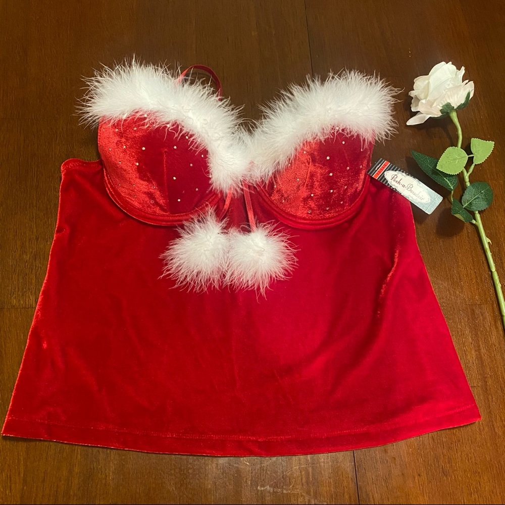 Peek-a-Boudoir Christmas lingerie red velvet top with white fluffs size L NWT